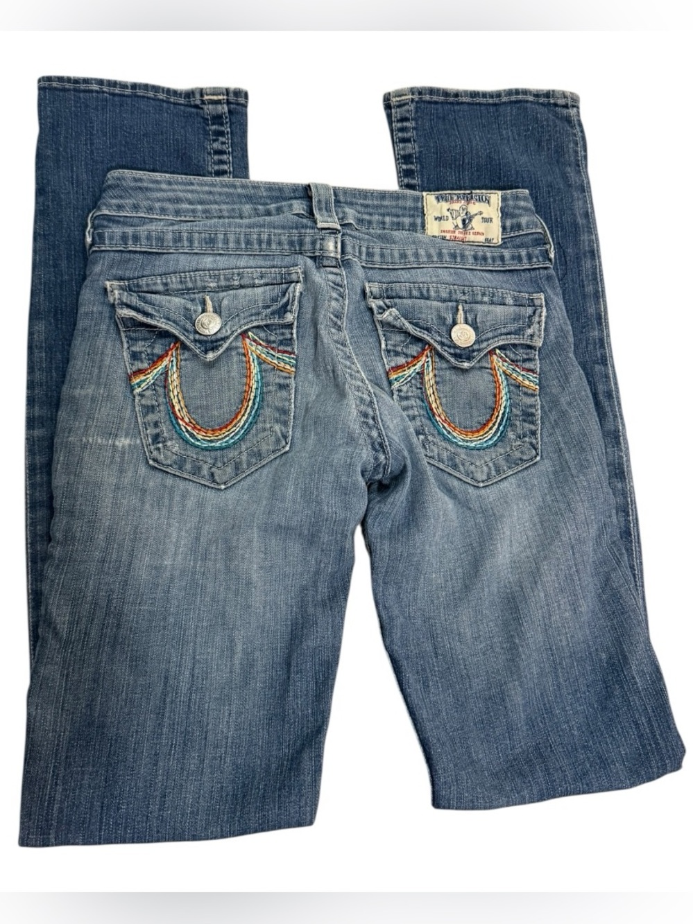 True Religion Straight Flap Pocket Rainbow Stitch Jeans USA Y2K Womens 27